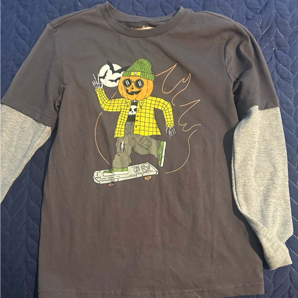 Halloween Graphic Long Sleeve Shirt with Pumpkin Skateboarder